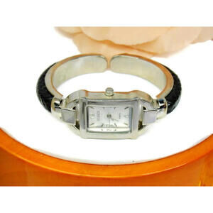 Studio Time Black Hinged Cuff Bangle Bracelet New Battery Runs Woman Watch